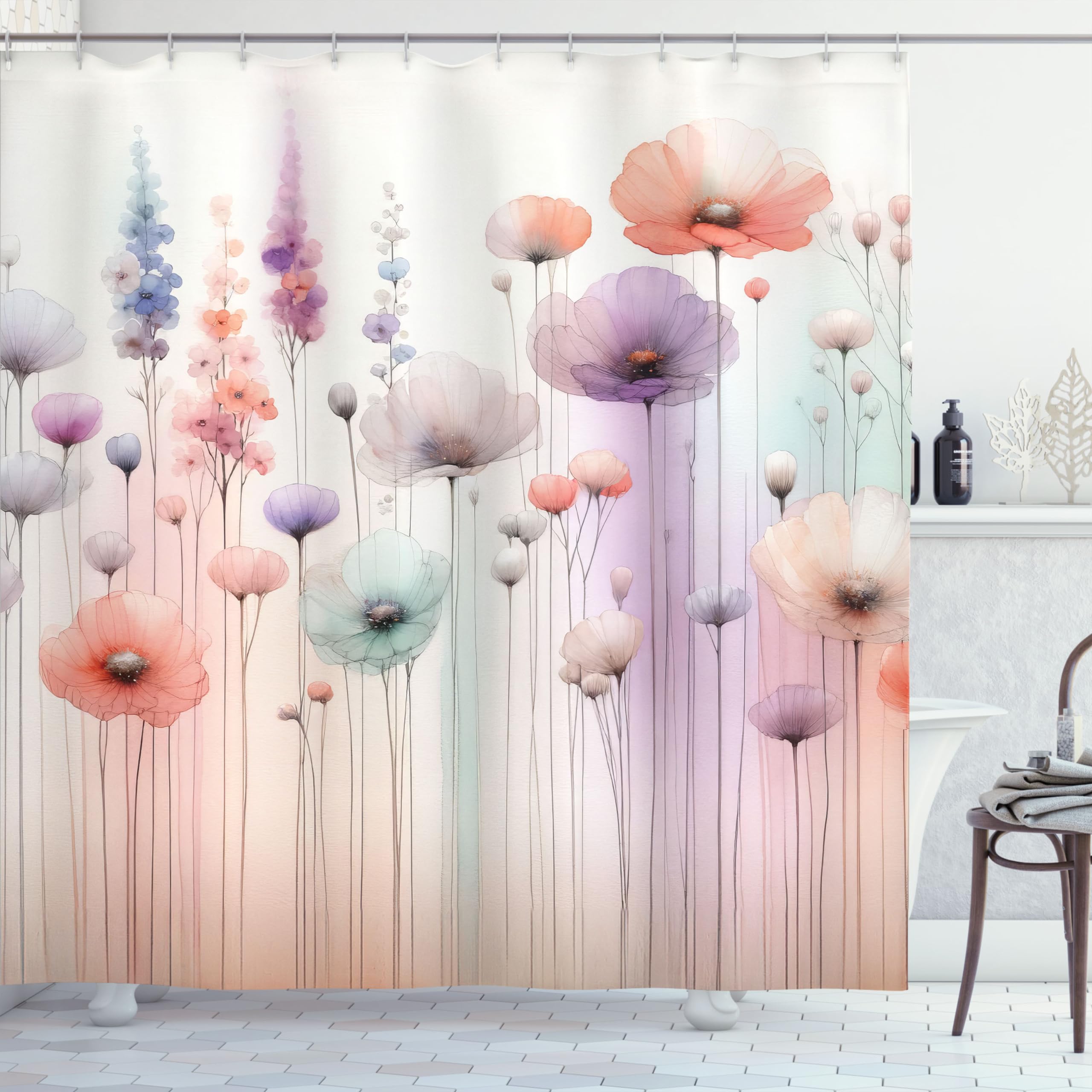 Ambesonne Floral Shower Curtain, Dreamy Silhouettes Of Fantasy Woods Gentle Poppy Flowers And Lavenders, Cloth Fabric Bathroom D